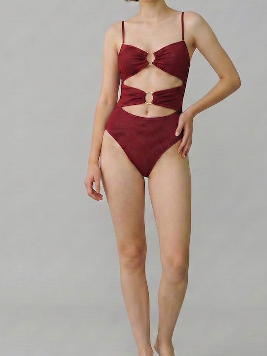 Modern Ocean Damen Sexy Ein Stück Strapless Badeanzug Glänzendes Rot Bordeaux mit Ringen Offen vorne Brazil Summer Collection 5147 Rot Bordeaux