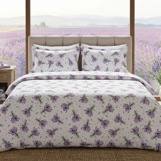 Pucioasa Cotton Satin Duvet Cover Set 200x230cm Double With 2 Pillowcases & 1 Bed Sheet Lavender