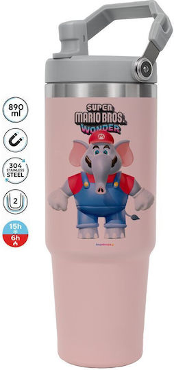 Koupakoupa Wonder Handled Tumbler Stainless Steel Thermos Bottle 890ml Pink with Straw and Handle