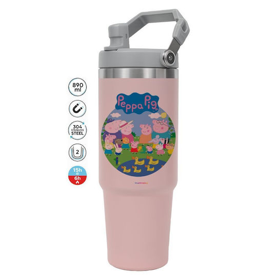 Koupakoupa Peppa Pig Family Чаша С Дръжка Термоси Неръждаема Стомана 890мл Розова С Сламка И Дръжка