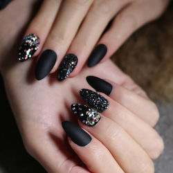 Set 24 Black Almond Self-adhesive False Nails Rhinestones