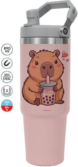 Koupakoupa Capybara Bubble Handled Thermos Stainless Steel 890ml Pink with Straw and Handle