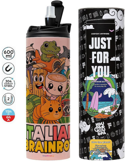 Koupakoupa Italian Brainrot Ποτήρι Θερμός Ανοξείδωτο BPA Free 600ml Ροζ με Καλαμάκι και Λαβή
