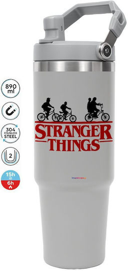 Koupakoupa Stranger Things Red Handled Tumbler Θερμός Ανοξείδωτο 890ml Γκρι με Καλαμάκι και Λαβή