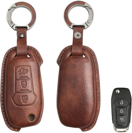 Leatherette Key Case with 3 Buttons for Ford in Brown Colour