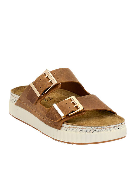 Leder Flache Damen Sandalen Tabac Braun