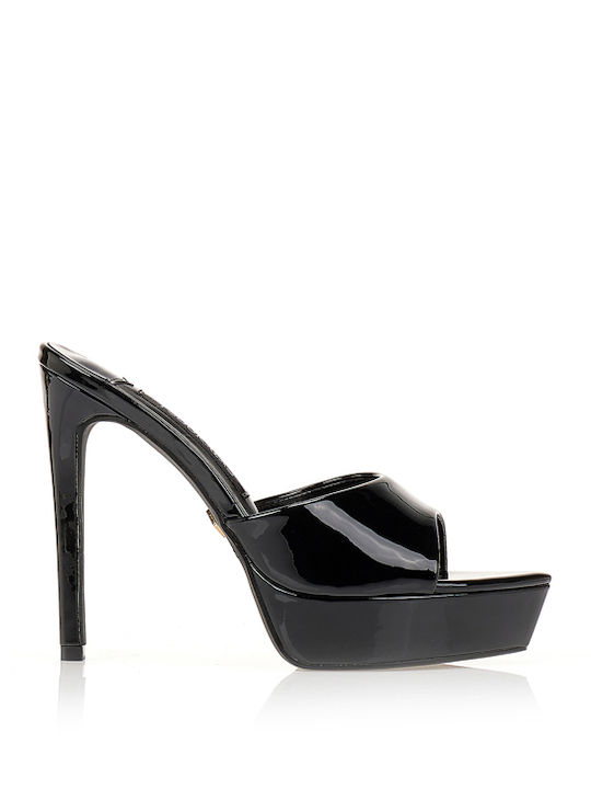 Mules In Patent Leather With High Heel In Black Colour