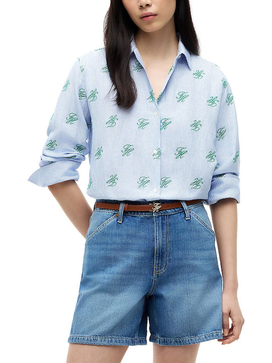 Long Sleeve Women's Linen Shirt White-Green-Light Blue