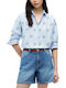 Long Sleeve Women's Linen Shirt White-Green-Light Blue