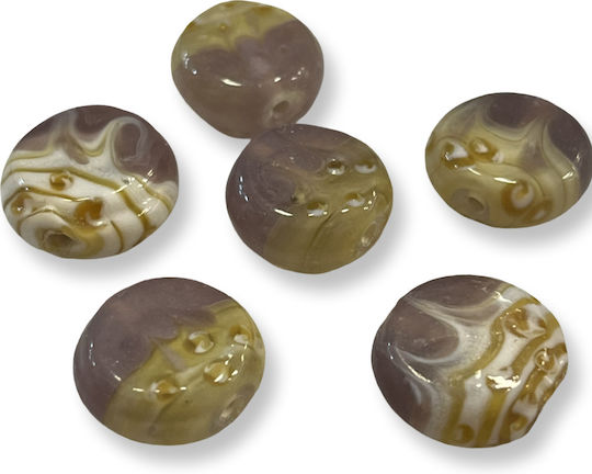 Murano Beads 20mm Beige-Purple Pattern Set of 6 Pieces