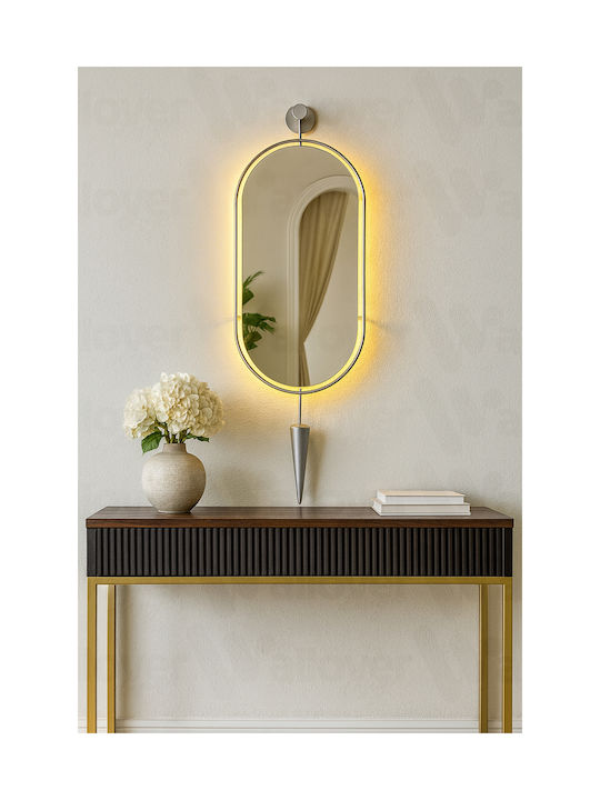 SteweHome Oval Wall Mirror with Gray Metallic Frame & LED Lighting 80x30cm