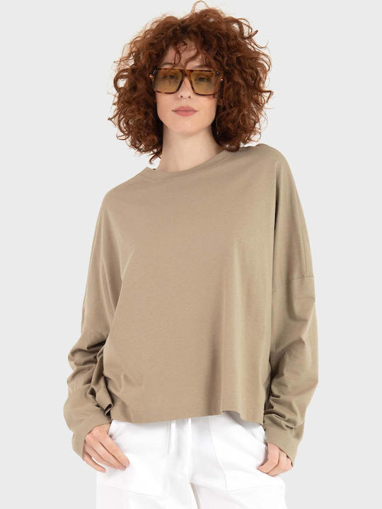 Γυναικεία Μπλούζα Βαμβακερή Μακρυμάνικη Beige