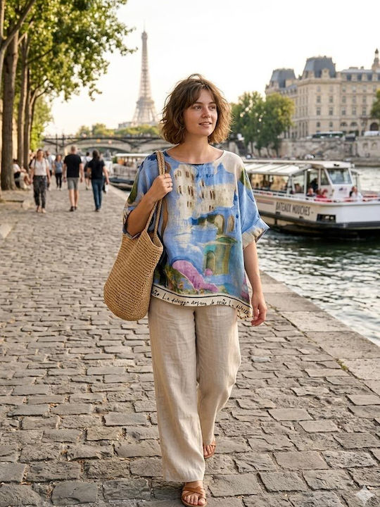 Women's Summer Linen Light Blue Blouse