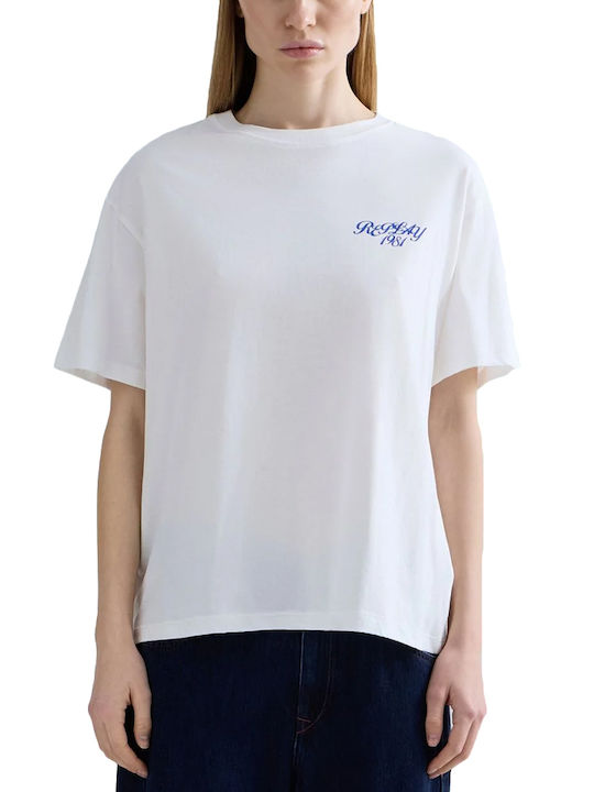 Replay Damen Oversized T-Shirt Blumen Weiß-Blau