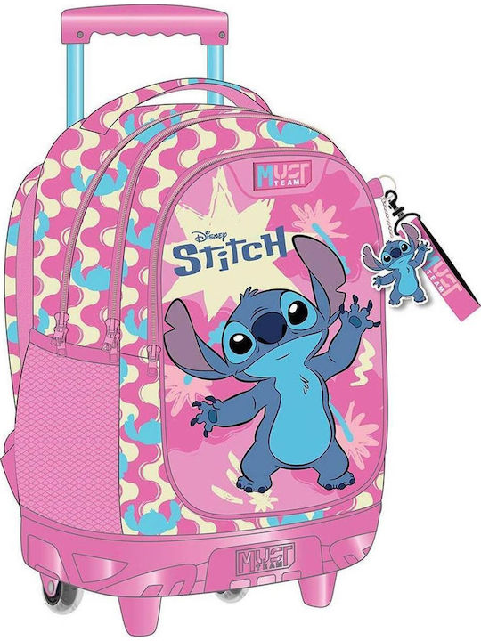 Must Team Stitch School Trolley Bag for Elementary Pink with Water Bottle Holder 30lt