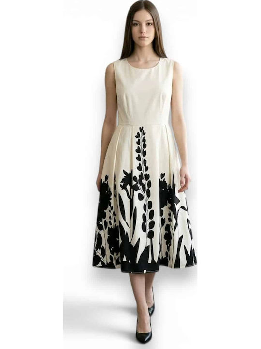 Sommer Midi Abendkleid Blumen Ecru Schwarz
