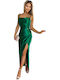Maxi Evening Satin Drape Dress with Slit Green