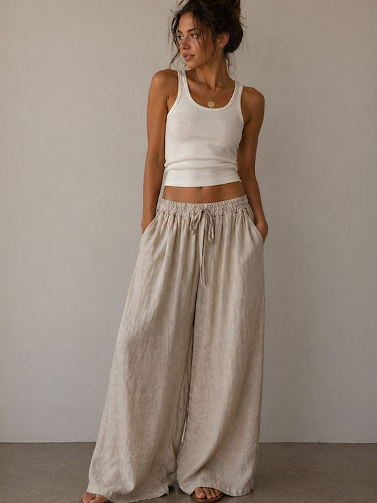 Women's Linen Pantaloons with Rubber Band Beige