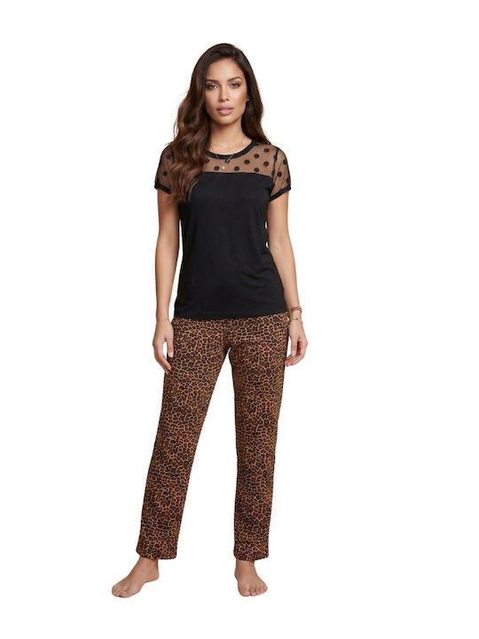 Siyah Inci Set Pijamale Dama de Vară Leopard