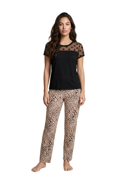Siyah Inci Set Pijamale Dama de Vară Leopard