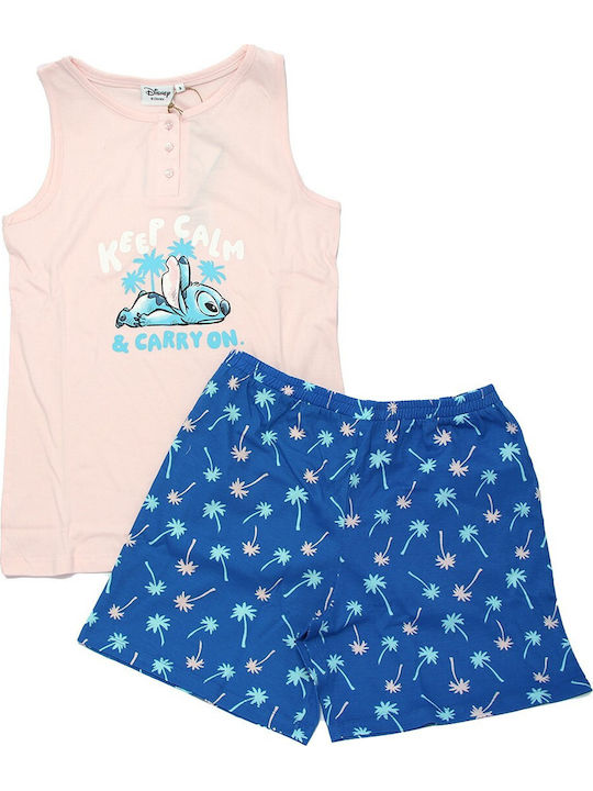 Disney Summer Women's Cotton Pyjama Set Pink Stitch Keep Calm