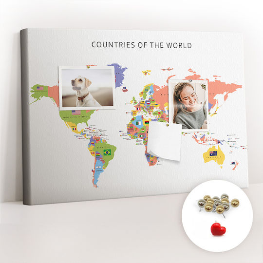 Modern Cork Notice Board Canvas + Multicolored Pins Map of Flags 60x40 Cm