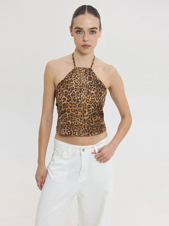 Women's Sleeveless Top with Tie at Neck Animal Print Brown Leopard