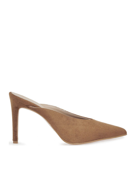 Suede Mules With High Heel In Tabac Brown Color