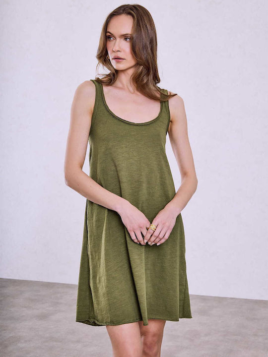 Celestino Women's Sleeveless Cotton Loose Fit Khaki Dress