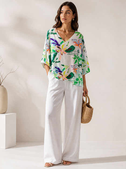 Women's Blouse with 3/4 Sleeve & V-Neckline Multicolour