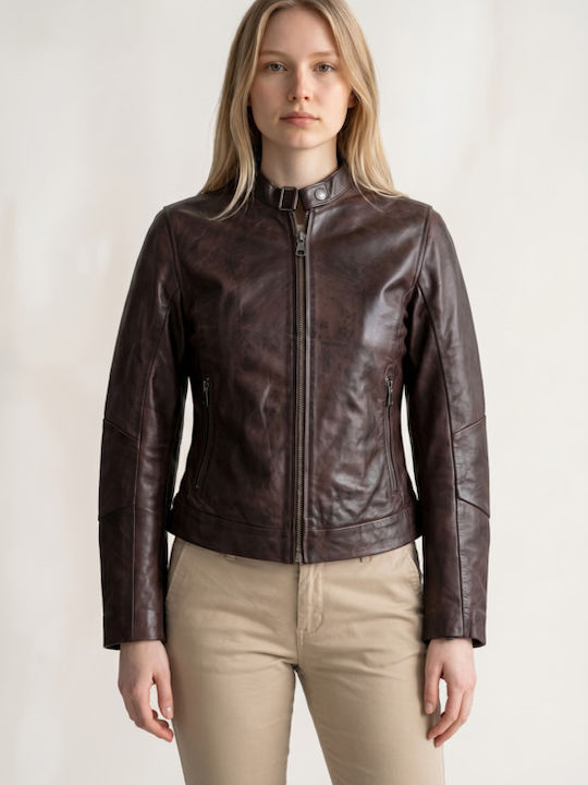 Leder Damenjacke für Winter Rotbraun