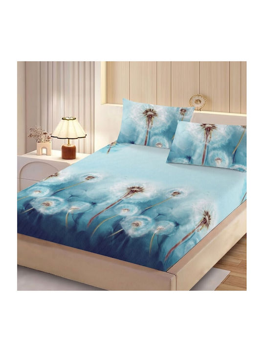 Pucioasa Set Cearceafuri de Pat cu 2 Fețe de Pernă Matrimonial cu Hugger din Cauciuc 160x200 cm Model Blue Dandelion (3 Bucăți)