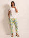 Damen Stoff Capri Hose in Lose Passform Blumen Grün