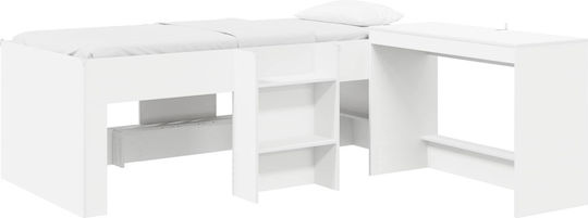 Pat Single pentru Copii cu Birou Alb pentru Saltea 90x190cm