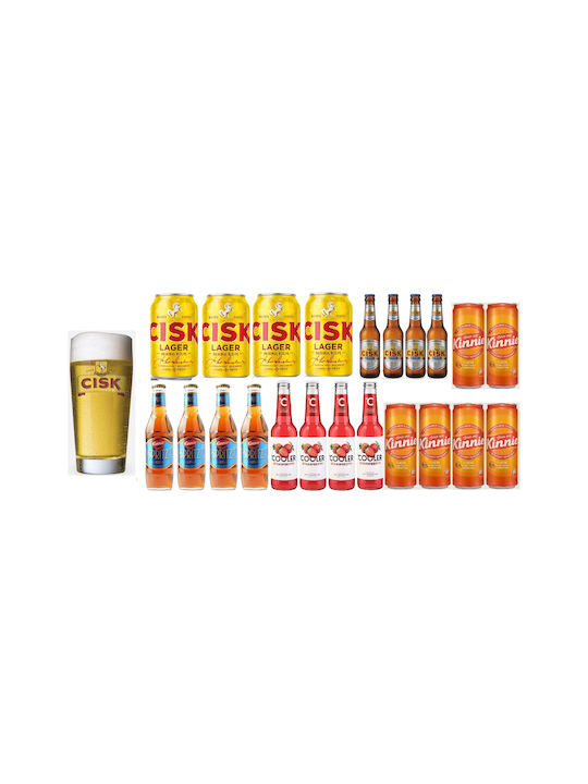 Beer Glass Cisk 400ml 6x Kinnie 330ml 3x Cisk 330ml 3x Ciskexel 330ml 4x Spritz 250ml 4x Cooler Strawberry 275ml