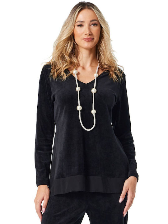 Women's Velvet Long Sleeve Blouse with V-Neckline Bordeaux