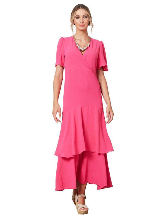 Sommer Maxi Kleid Wickel mit Rüschen Fuchsia