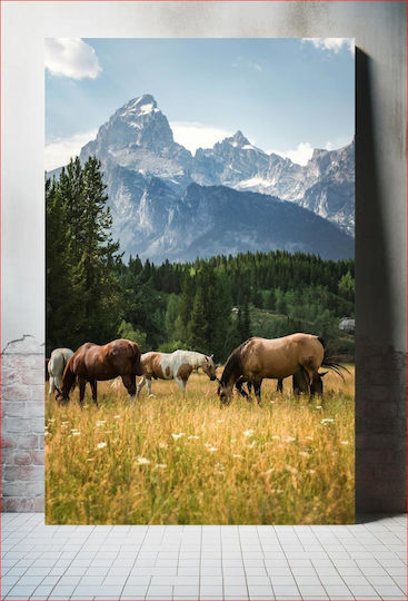 Painting Horses Grazing In Scenic Mountain Landscape 100x150