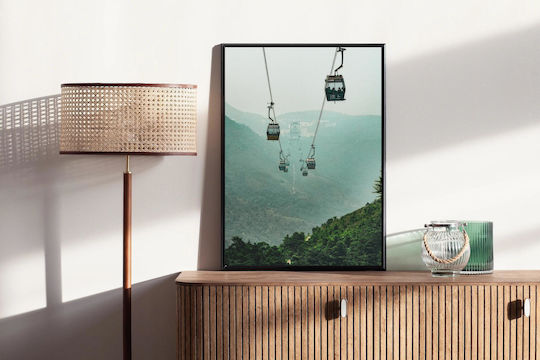 iLovePrints Gemälde Kabelwagen in Nebelbergen Teleferik in Nebeligen Bergen 40x65