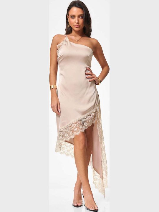 Mini Evening Satin Dress with Lace Beige