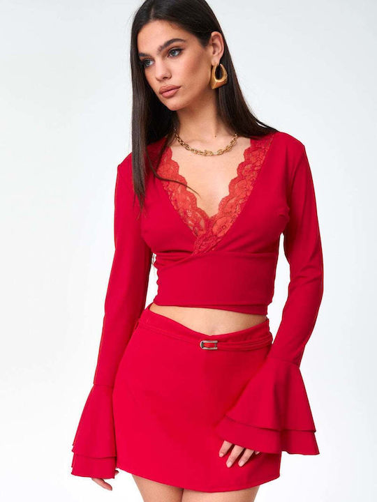Decoro Γυναικείο Crop Top με Δαντέλα Κοκκινο