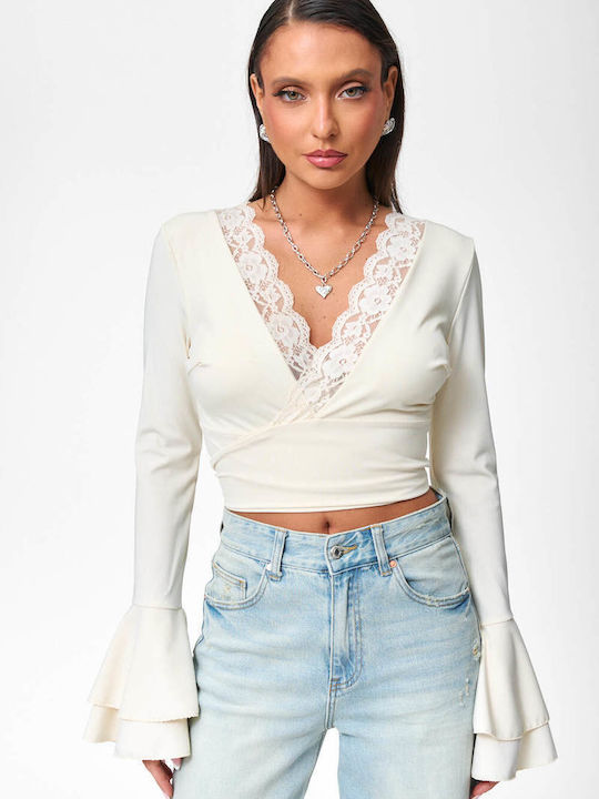 Γυναικείο Crop Top με Δαντέλα Μπεζ