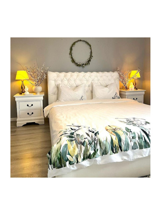 Lenjerii Deosebite Set Huse Pentru Pilote 100% Bumbac 200x220cm Dublu Cu 2 Fețe De Pernă & 1 Cearceaf Gizmo White With Green Leaves