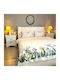 Lenjerii Deosebite Set Huse Pentru Pilote 100% Bumbac 200x220cm Dublu Cu 2 Fețe De Pernă & 1 Cearceaf Gizmo White With Green Leaves
