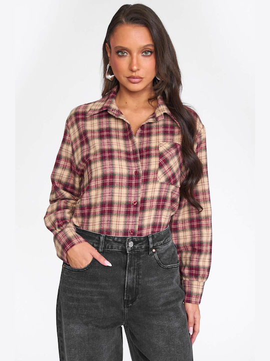 Long Sleeve Women's Shirt Burgundy Checked