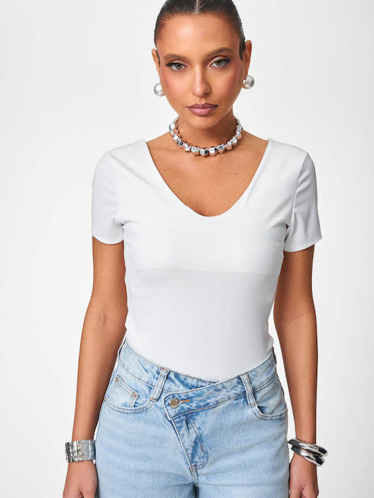 Deep Neckline White Women's Bodysuit