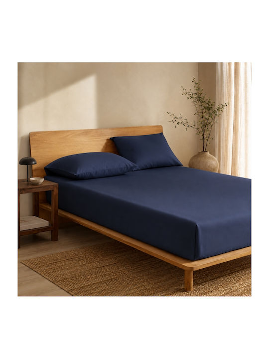 My Home Luxury Bed Sheet Set with 2 Pillowcases King Size with Rubber Hugger 160x200+30cm Dark Blue (3 Pieces)