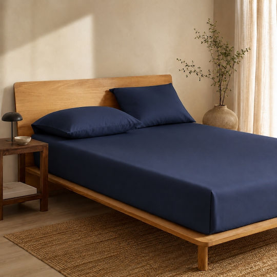 My Home Luxury Bed Sheet Set with 2 Pillowcases King Size with Rubber Hugger 160x200+30cm Dark Blue (3 Pieces)