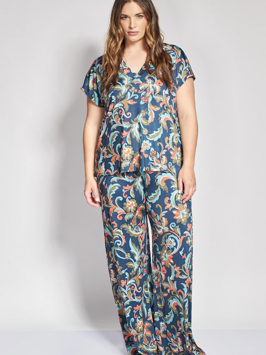 Pantaloni Largi Dama Cu Cauciuc Model Floral Albastru