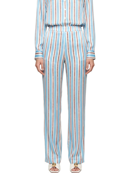 Pants Women Twenty-29 Γυναικείο Ψηλόμεσο Σατέν Παντελόνι με Λάστιχο σε Ίσια Γραμμή Ριγέ Καφε- Μπεζ- Σιελ